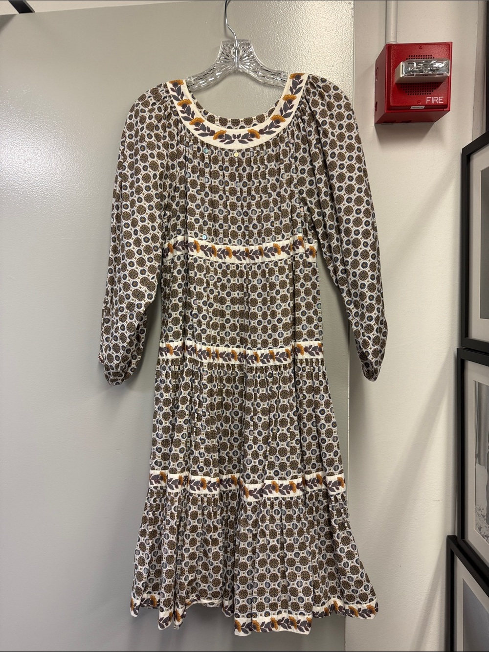 Tory Burch Brown Printed Midi Dress with Leaf Trim